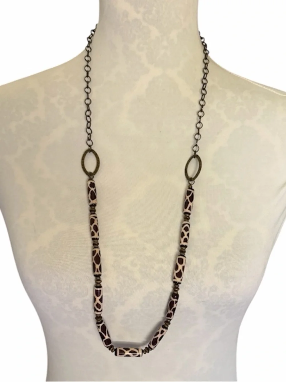 Safari Giraffe Print Tube Bead Statement Necklace | Artisan Tribal Bronze Tone